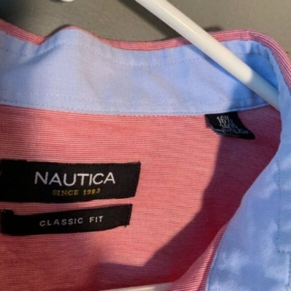 Nautica Button Down Dress Shirt Red White Pinstripe - Picture 7 of 8